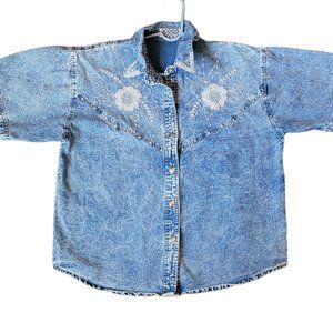 Pretty Bleu 80's Acid Wash Denim Shirt Pearl beaded embellished M